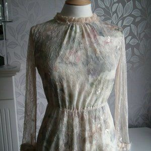 MISS PATINA VINTAGE EDWARDIAN PEACH LACE OVERLAY FLORAL MAXI DRESS